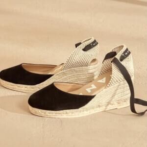MANEBI Soft Suede Low Wedge Espadrille Hamptons in Black EU 39 US 9 NEW